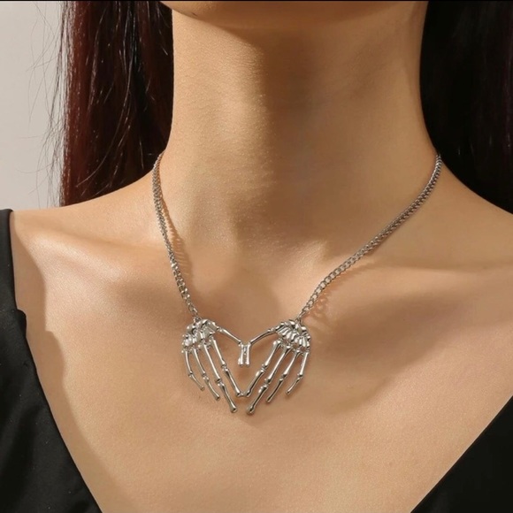 Skeleton Hands Heart- Gothic Dead Dark Love Romance Creepy Scary Horror Necklace - Picture 4 of 11